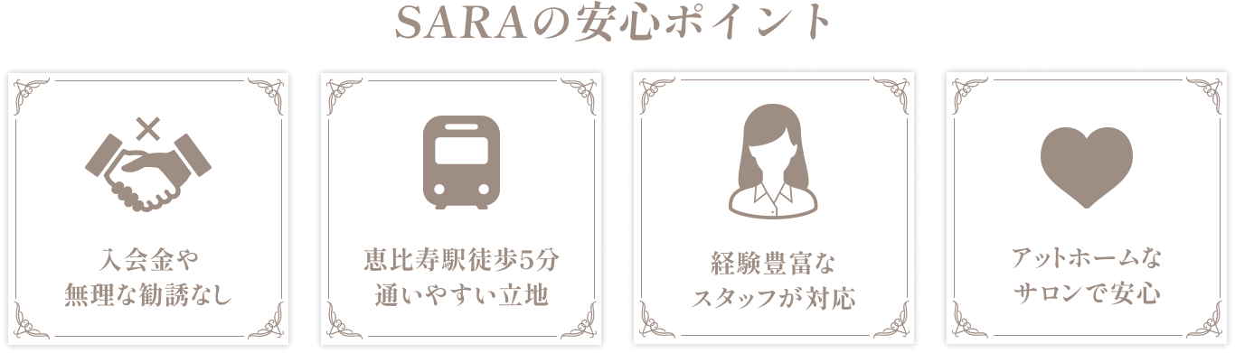 【SARAの安心ポイント】入会金や無理な勧誘なし / 恵比寿駅徒歩5分通いやすい立地 / 経験豊富なスタッフが対応 / アットホームなサロンで安心